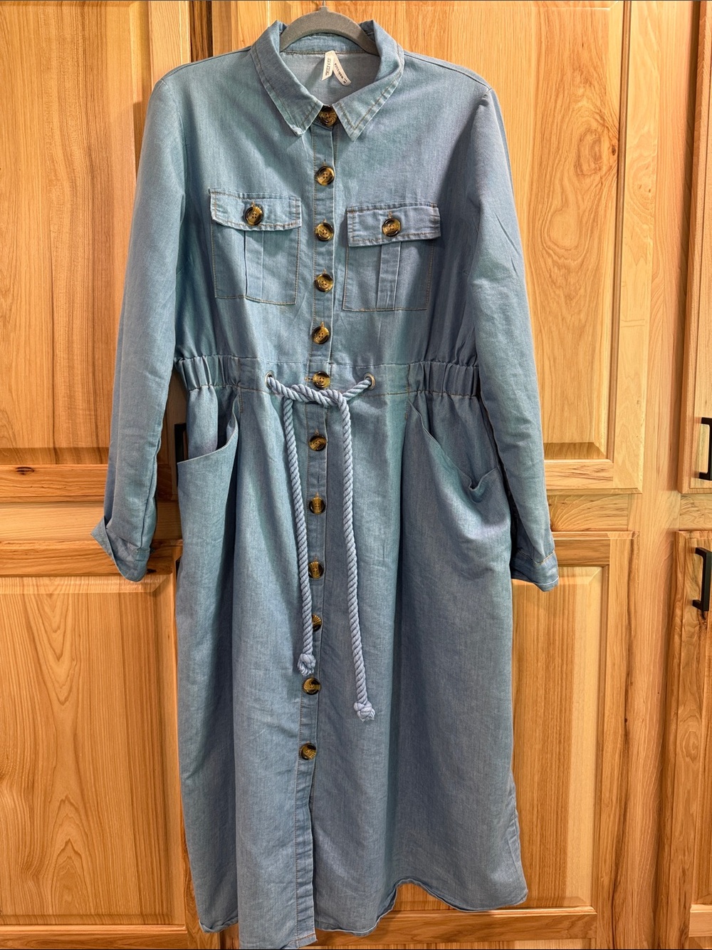 Truly 4 You Light Blue Denim Button-Front Midi/Maxi Dress Rope Belt Size XL